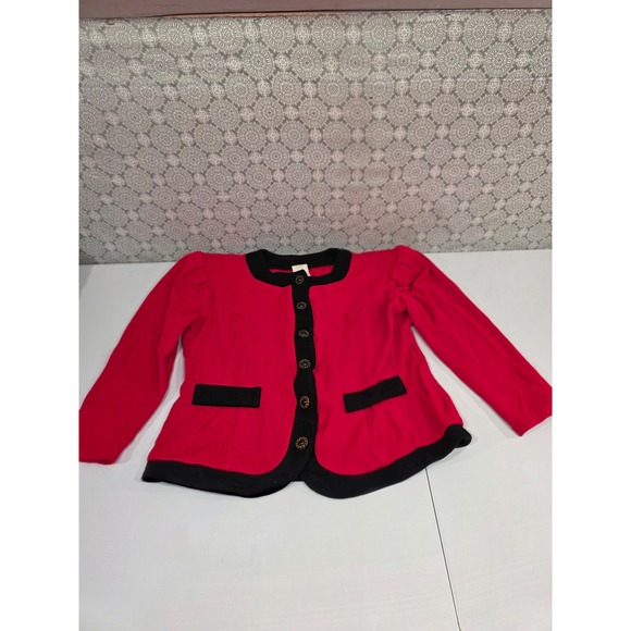 Vintage Red Knit Blazer Jacket Black Trim Gold Button Made in USA Pleated Padded - Picture 1 of 9